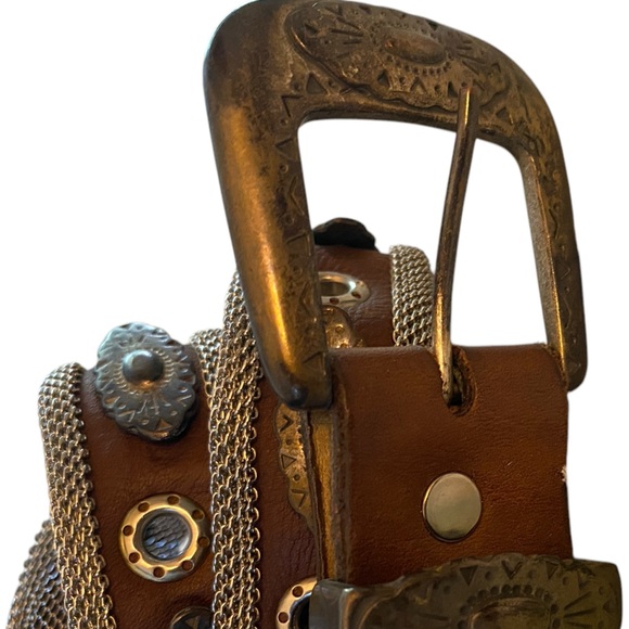 80s Vintage Sand Castle Leather & Mesh Belt (s/med) - Picture 4 of 12